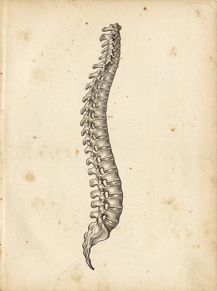 Antique anatomical engraving of the human vertebral column in side profile